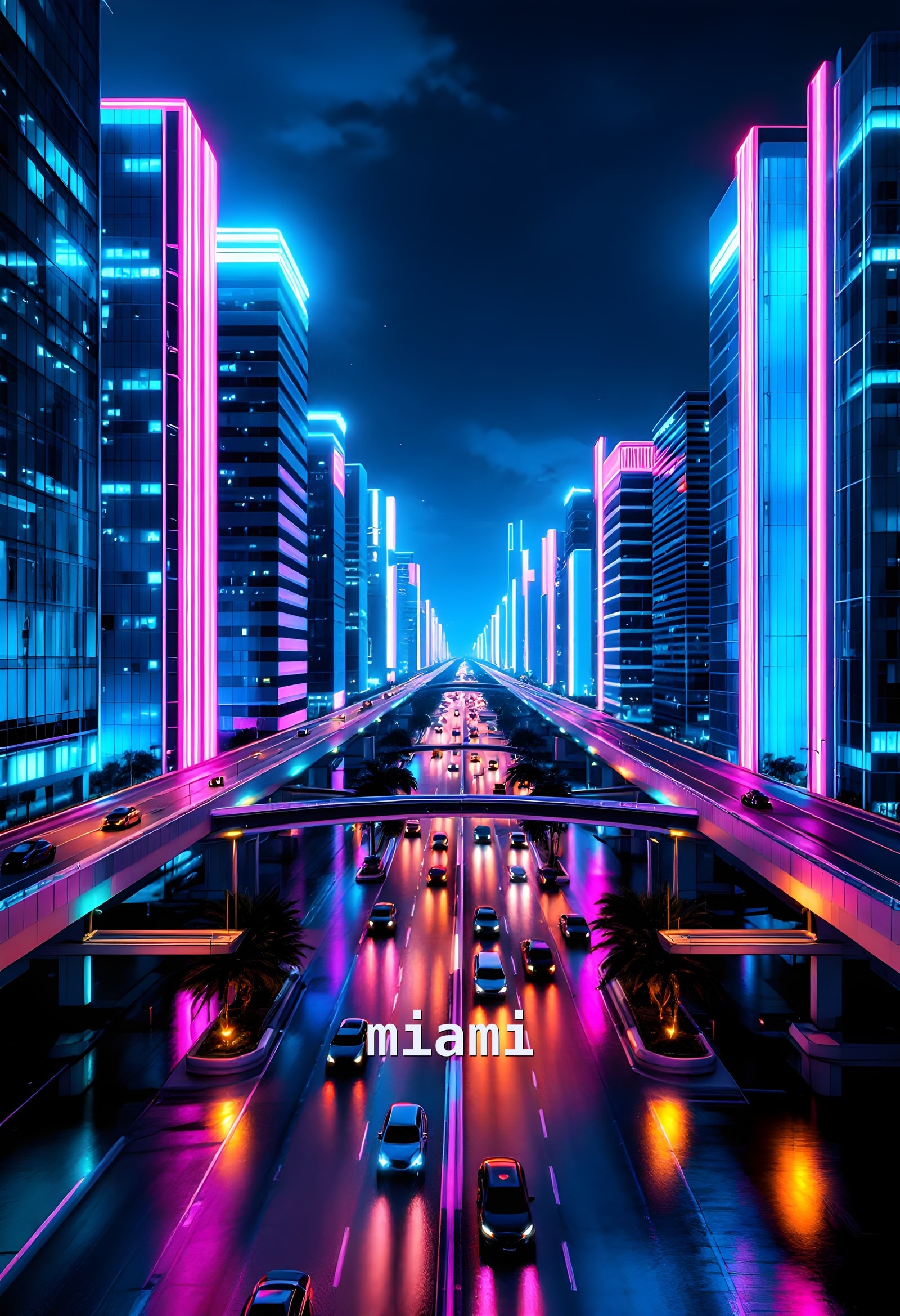 Miami Neon Causeway — framed print by Apex Reve